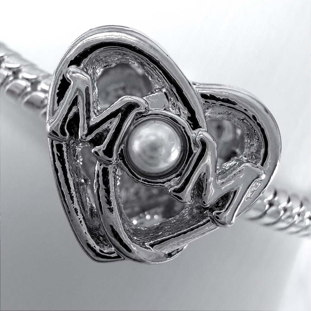 Silver Mom Heart Bead Charm Fits Snake Chain Bracelet Pearl Detail Mother's Gift